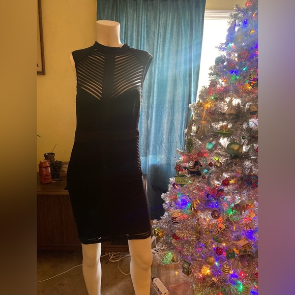 Ladies mod black sheer and solid stripe in case you forgot dress goth NYE club - Picture 2 of 5